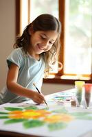 pequeño niña pintura un flor con acrílicos foto