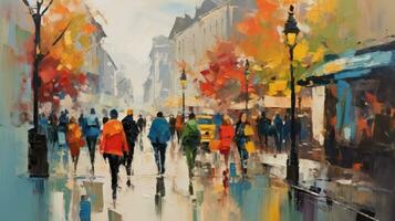 impressionist style oil painting. Bustling cityscape with bold brushstrokes and pops of color photo