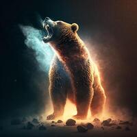 ai generativo un enorme oso pardo oso rugido furiosamente en el brillante luces foto