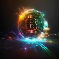 A bitcoin digital currency in glowing circuit background photo