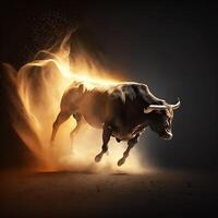 An angry bull is kicking up dust and ready to go into battle photo