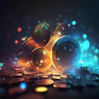 Abstract Digital currency coins in vibrant colors and dark background photo