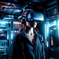 A girl with virtual reality in the Metaverse world in the dark theme photo