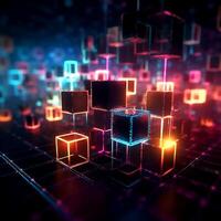 An Abstract world blockchain technology cryptocurrency and fintech square cubes with multicolor glowing edges photo