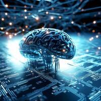 Digital structural illustration of abstract human brain on glowing digital circuit board background photo