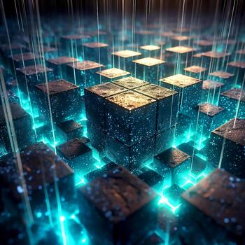 A powerful image of an interconnected blockchain network with blue color glowing floor photo