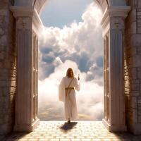 ai generativo Jesús Cristo soportes a el puertas de cielo, acecho el mundo en medio de resumen luces foto
