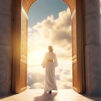 Jesus stands at the gates of heaven, watching the world amid abstract lights photo