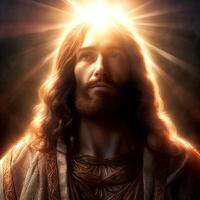 Beautiful Jesus Christ looks ahead with kind eyes before the abstract lights of heaven photo