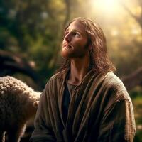 Jesus the Good Shepherd looks on with kind eyes photo