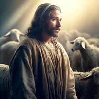 ai generativo Jesús Cristo, el bueno pastor, mira en con tipo ojos foto