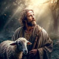 The Good Shepherd Jesus christ with a innocent sheep watches from the center of a beautiful light with kind eyes photo