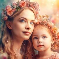 ai generativo un bonito madre con un flor corona cariñosamente sostiene su infantil hija foto
