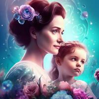A beautiful young mother and her cute daughter with pink crowns on their heads photo