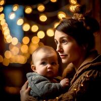 Cute baby boy with his mother under the light decoration photo