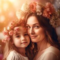 Smiling beautiful young mother and her daughter wearing flower crowns on their heads photo