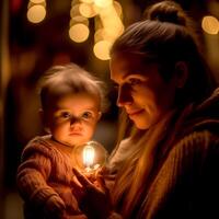 Mother and her little child holding a beautiful electric light photo