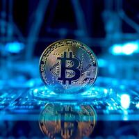 AN abstract golden Bitcoin on a glowing blue circuit board on a dark theme photo