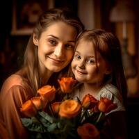 pretty mother and cute daughter are in love at home photo