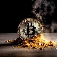 A golden Bitcoin on glowing gold pieces photo