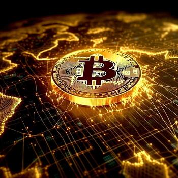 Glowing Golden bitcoin on the golden world map circuit board art on a dark photo