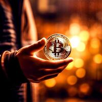 Cryptocurrency golden bitcoin on a hand photo