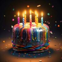 AI Generative Abstract multicolor birthday chocolate cake with candles in the dark background photo