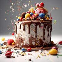 Colorful birthday cake on a light background photo