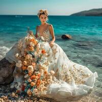 ai generativo un novia en el playa en un hermosa floral Boda vestir y flor corona foto