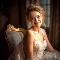 A bride in a beautiful white dress sits on a dark background and poses for the camera photo