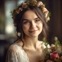ai generativo un elegante novia con un ramo de flores y un corona de flores poses para el cámara a el exterior puerta foto
