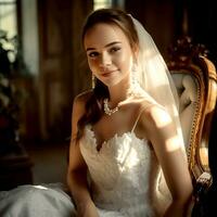 AI Generative An attractive bride in a beautiful white dress is sitting on a chair photo