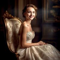 AI Generative Beautiful bride sitting on a royal chair wearing a beautiful dress photo