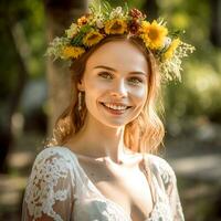 ai generativo un elegante sonriente novia con un ramo de flores y un corona de flores poses para el cámara a el exterior puerta foto