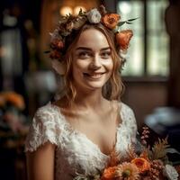 AI Generative Close-up portrait of beutiful bride in elegant dress wearing flower crown indoors photo