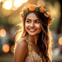 AI Generative Close-up of beautiful smiling bride in beautiful dress and flower crown on outdoor background photo