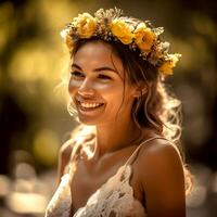 Close-up of beautiful bride in beautiful dress and flowers on outdoor background photo