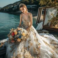 ai generativo un joven novia en el playa en un hermosa floral Boda vestir y flor corona foto