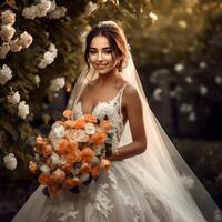 AI Generative A Close-up of the bride in a beautiful dress with a bouquet of flowers in the flower garden photo