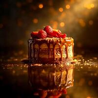 A delicious chocolate layer cake with melted chocolate and strawberries on a dark background photo