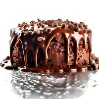 ai generativo un delicioso chocolate capa pastel con Derretido chocolate y chocolate pelotas en un blanco antecedentes foto
