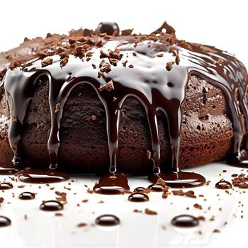 Side view of a round Chocolate cake with the Chocolate scrapes and melted chocolate on a dark background photo