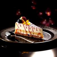 Sweet sponge cake with spoon on a plate on photo