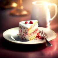 A slice of delicious layered sponge cake with a spoon photo