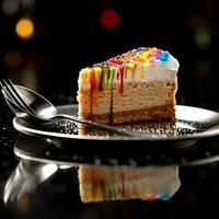 ai generativo delicioso multicolor esponja pastel con cuchara en un plato en el mesa en un oscuro antecedentes foto