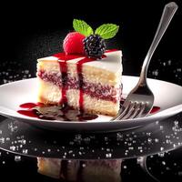 Delicious sponge cake with cherry on plate on table on dark background photo