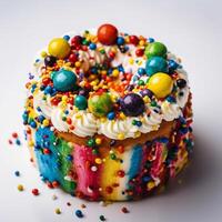 Delicious colorful cake decorated with cookies and a candle on a white background photo