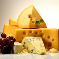 AI Generative Various types of delicious cheese on a white background photo