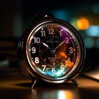 AI Generative Old black dial clock on the table in the dark photo