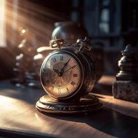 Retro clock on the table photo